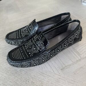 Donald J Pliner 8.5 Black Crystals Uma Studded Patent Slip On Loafer shoes